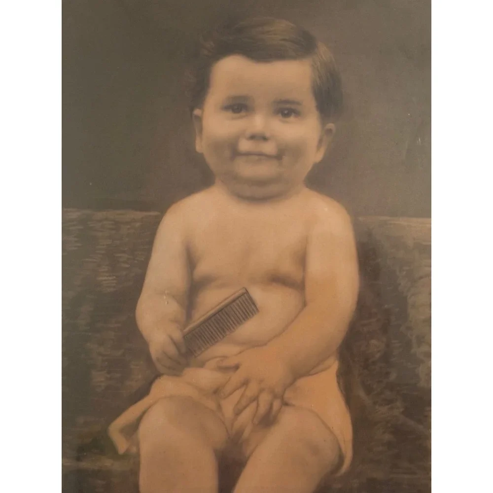 Vintage Antique Hand Colored Photo Print Portrait Baby Child Holding Comb Wood F